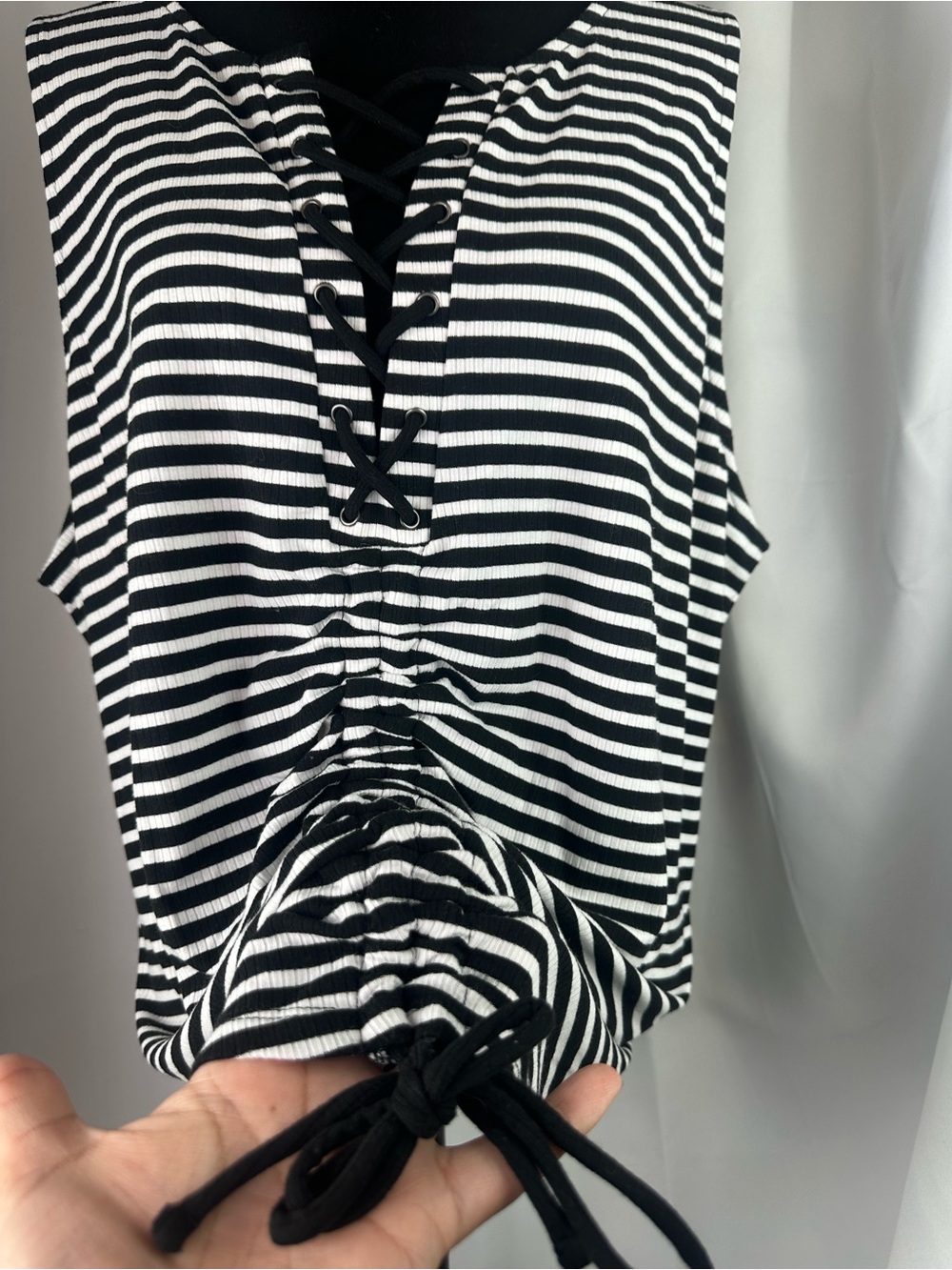 5X Plus Size Torrid Black White Striped Tank Top Lace Up Ruched Tie Rib Knit - Picture 5 of 10